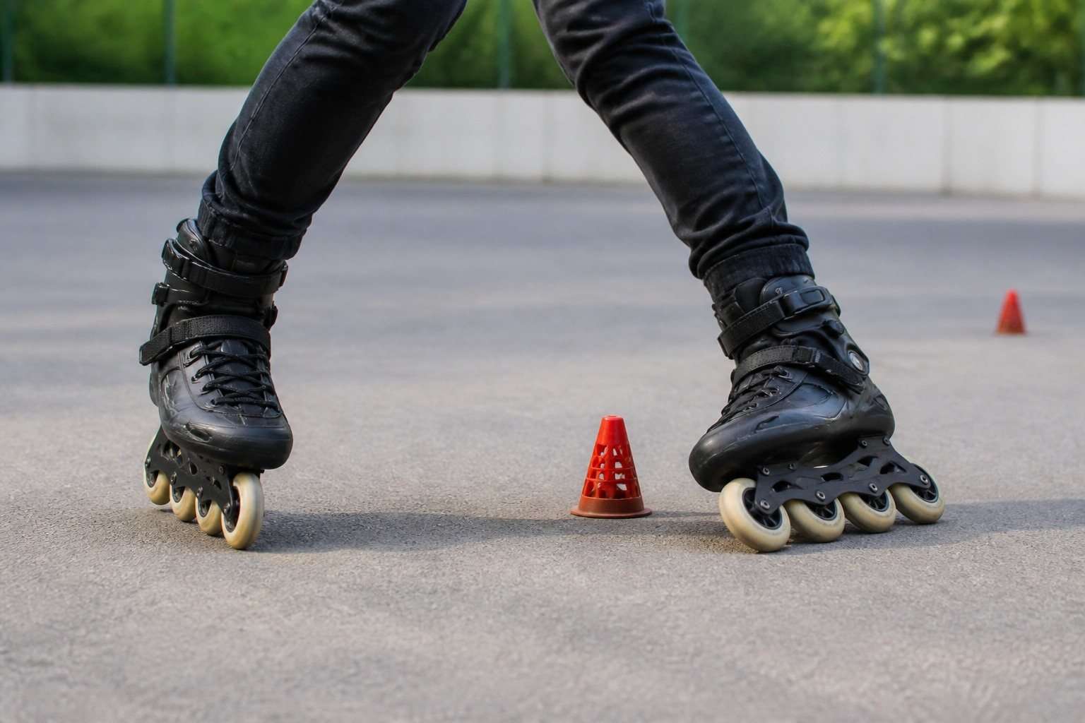 Patines en línea ejecutando una frenada controlada entre conos