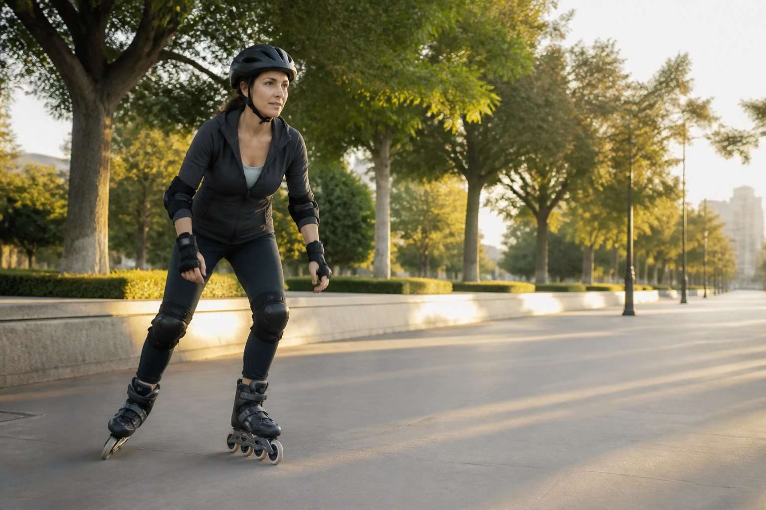 Patines en línea para mujer: ajuste, seguridad y plan para empezar a entrenar — Imagen 1 Mujer principiante patinando con casco y protecciones en un parque