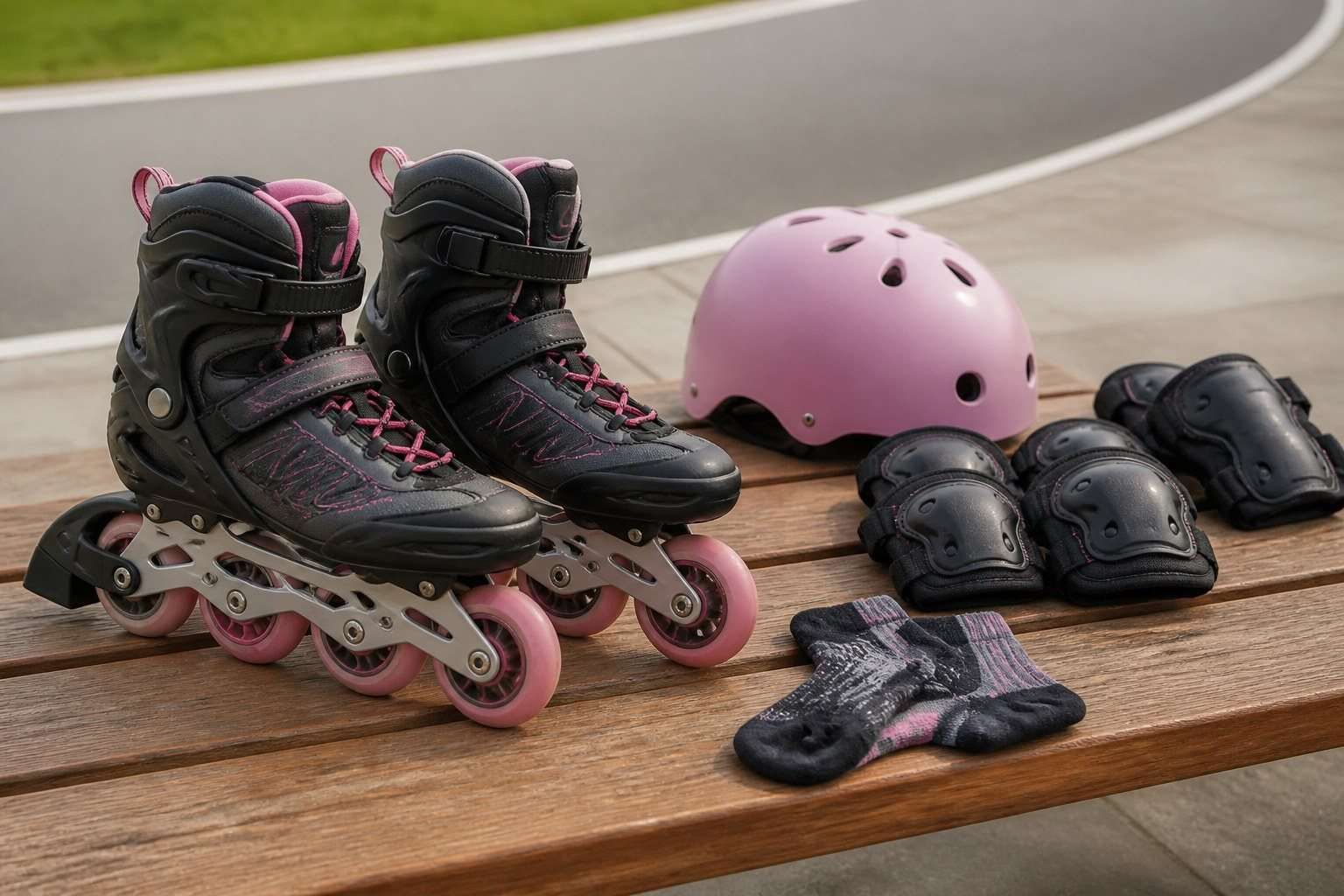 Patines en línea, casco y protecciones preparados en un banco